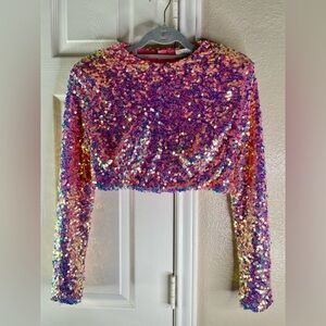 Long sleeve pink crop top sequins top.